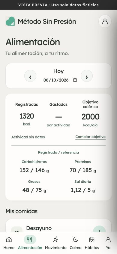 Alimentación con 1320 kcal registradas, referencia de 2000 kcal y resumen de nutrientes; datos ficticios