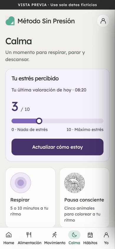 Herramientas actuales de Calma en la aplicación Sin Presión