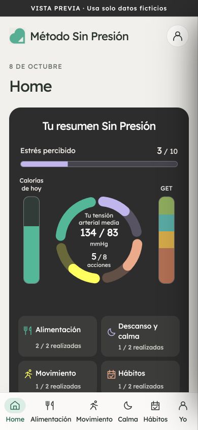 Inicio de Sin Presión con tensión media de ejemplo de 134/83 y cinco de ocho acciones realizadas