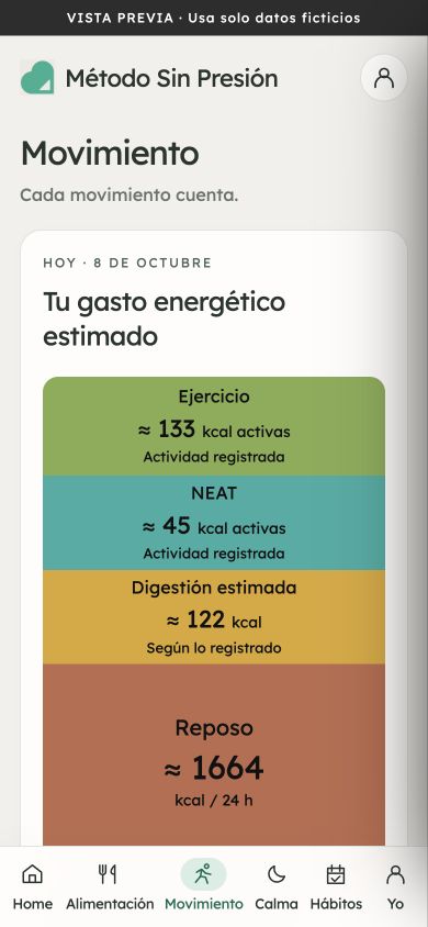 Movimiento con ejercicio y actividad cotidiana registrados en un perfil ficticio