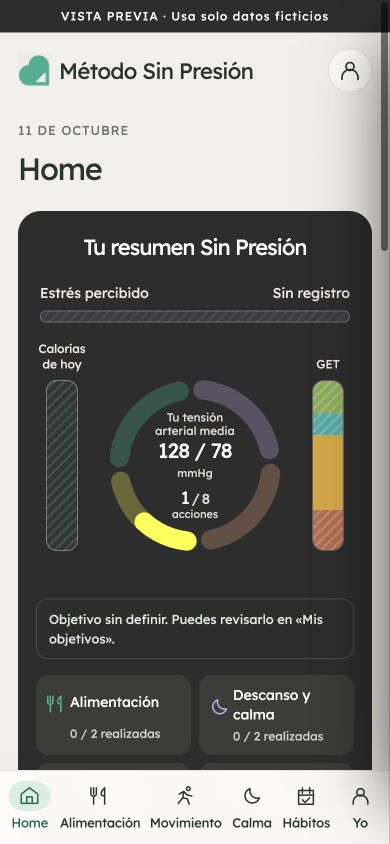 Home de Sin Presión con la lectura ficticia 128/78 y una acción de ocho marcada.