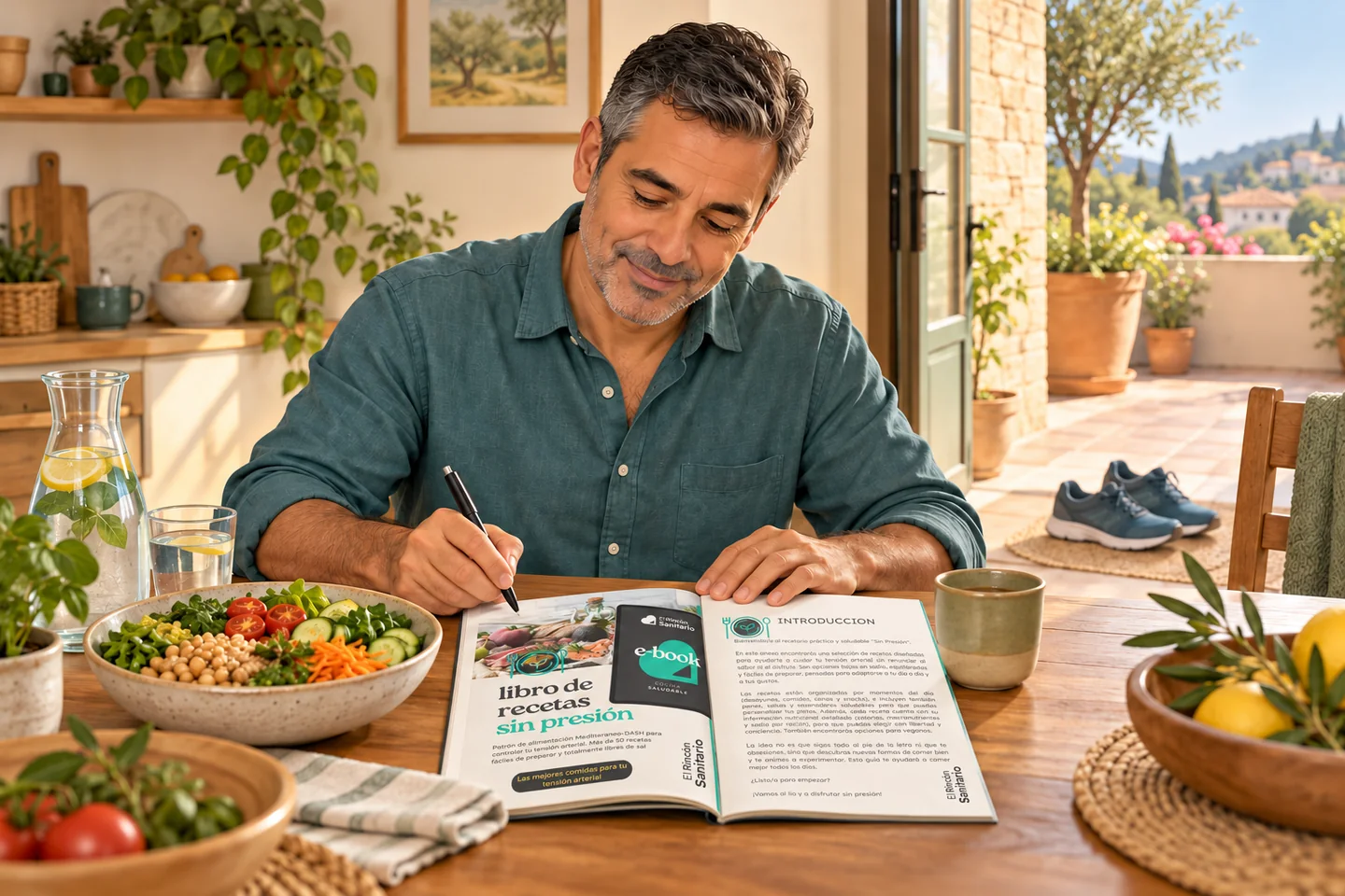 Ilustración de un hombre tomando notas en el libro de recetas Sin Presión, con una comida de verduras y legumbres sobre la mesa.