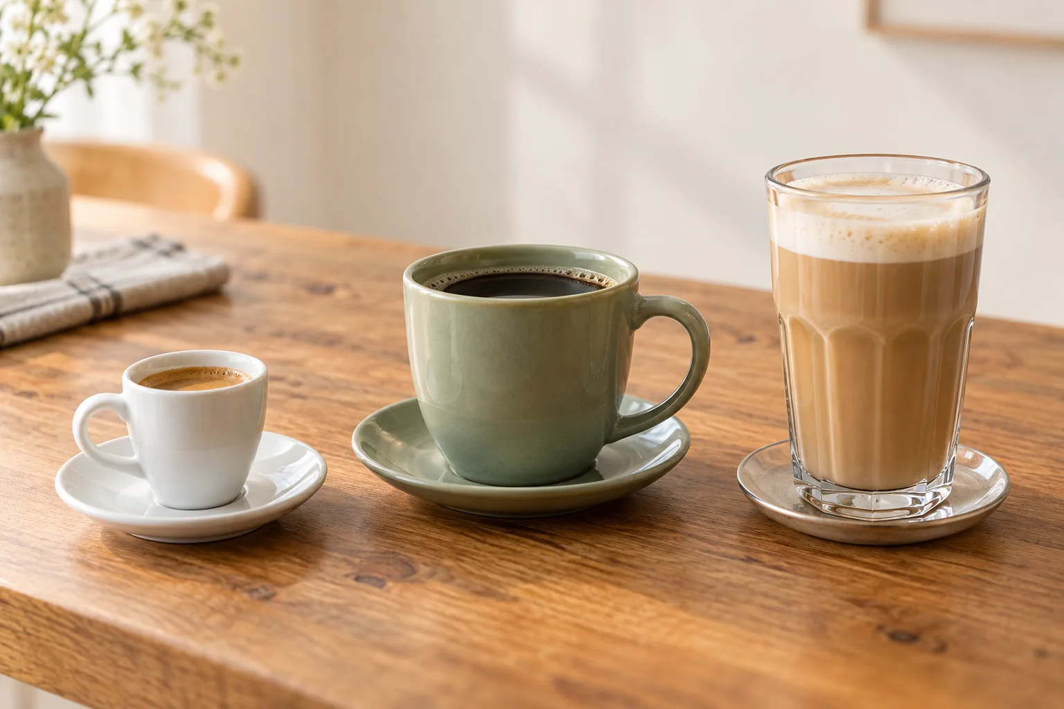 Tres cafés de distinto tamaño y preparación sobre una mesa.