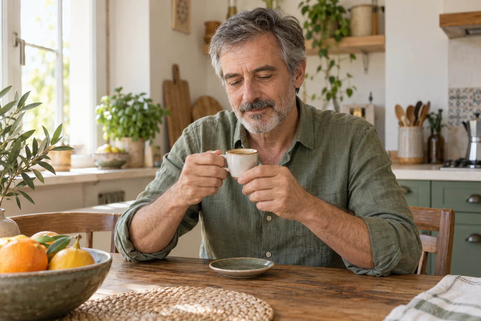 Un hombre sostiene una taza pequeña de café en la cocina de su casa.