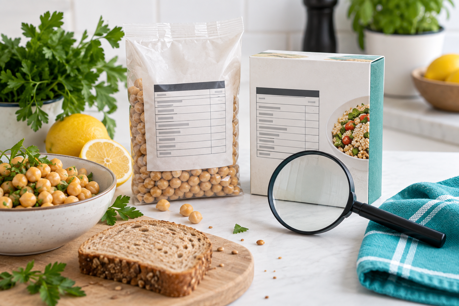Envases sin marca con tablas nutricionales ilustrativas junto a legumbres, pan y hierbas.
