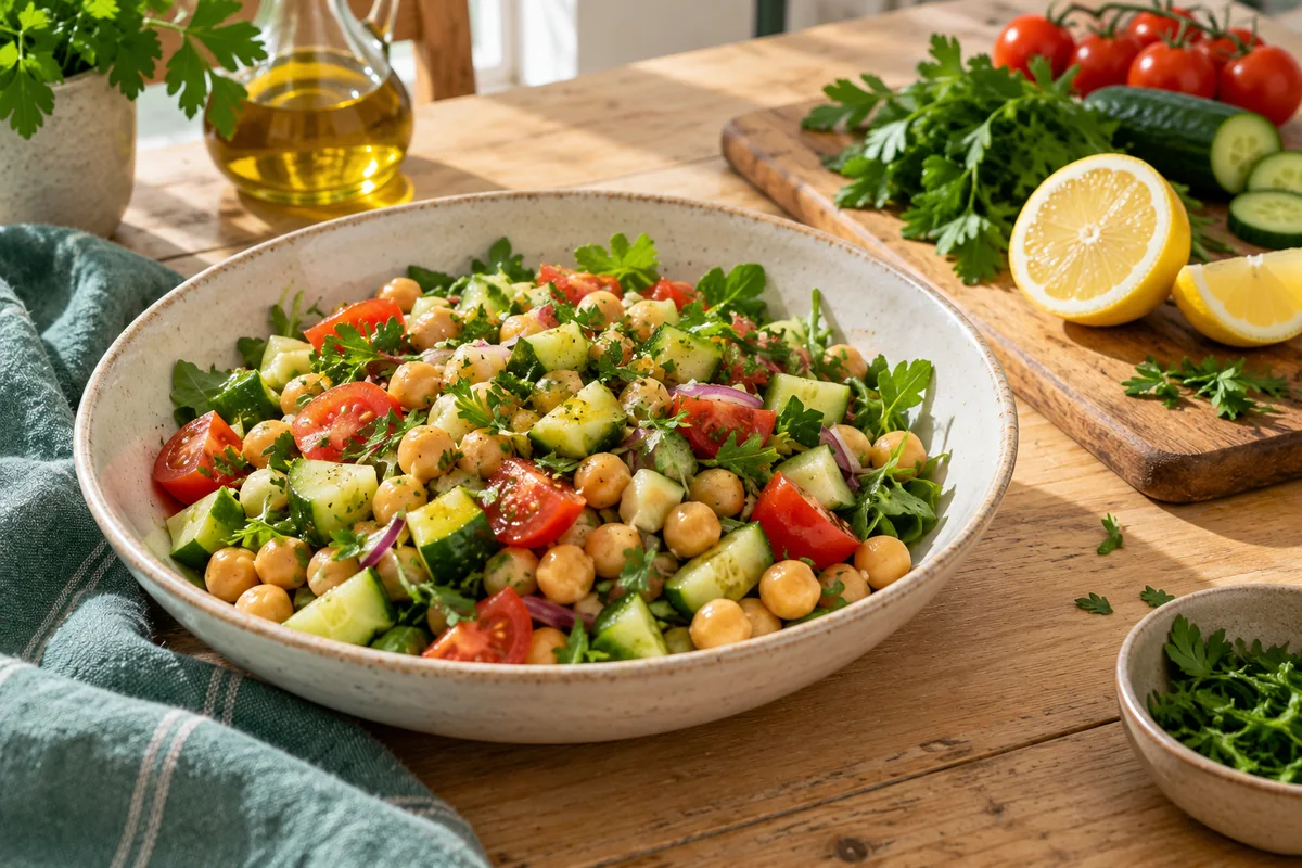 Un plato de legumbres con verduras, acompañado de hierbas y limón para dar sabor.