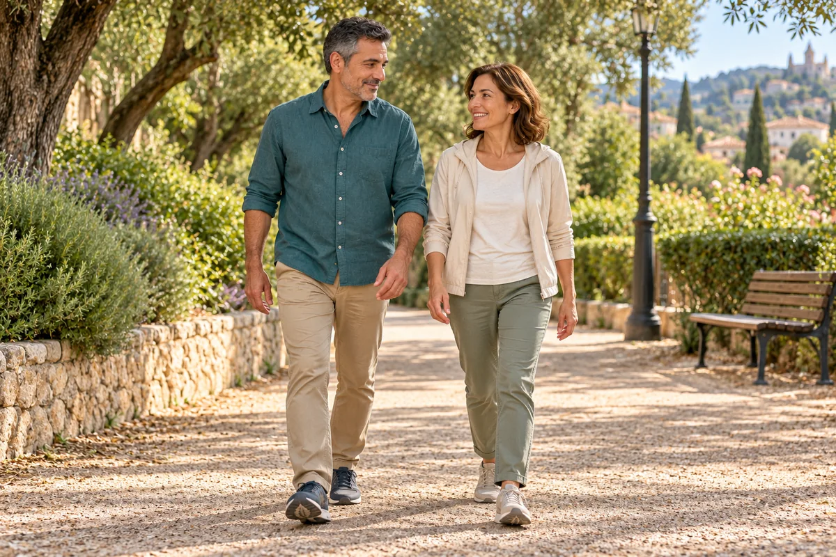 Dos adultos caminan juntos por un parque con ropa cómoda.