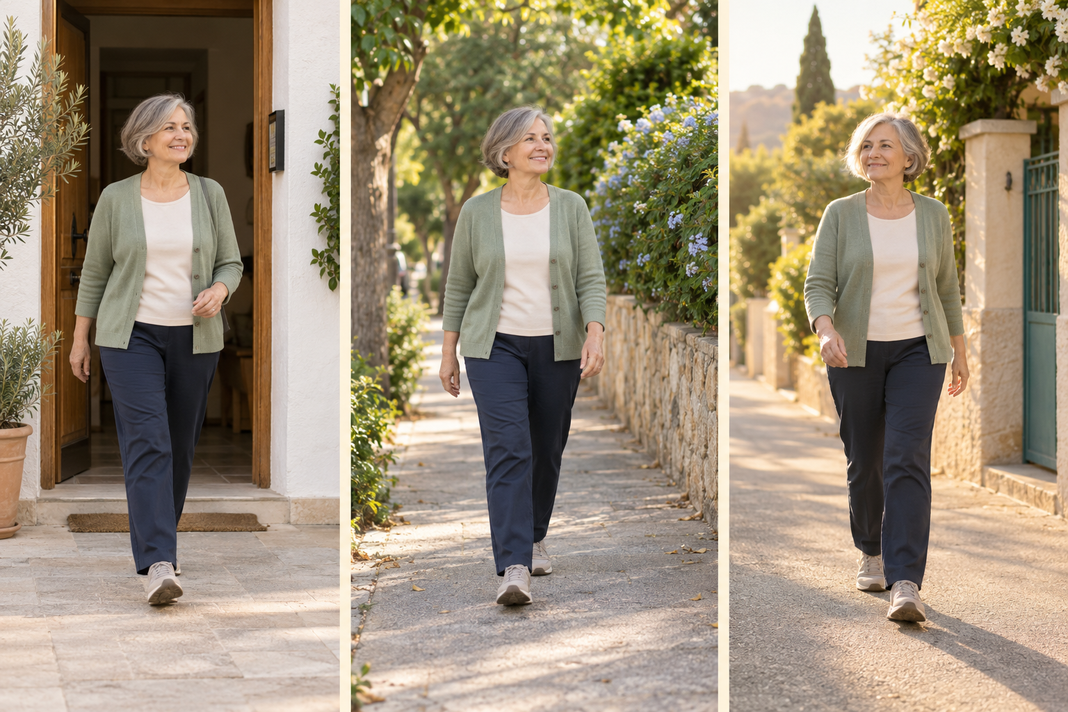 Tres escenas ilustrativas de una mujer caminando en distintos momentos del día.