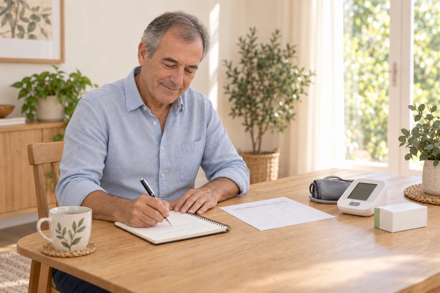 Hombre adulto preparando un cuaderno y una lista para su consulta, junto a un tensiómetro apagado.