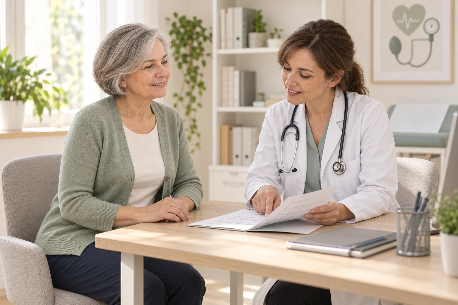 Mujer adulta y profesional sanitario revisando juntos un registro sobre una mesa de consulta.